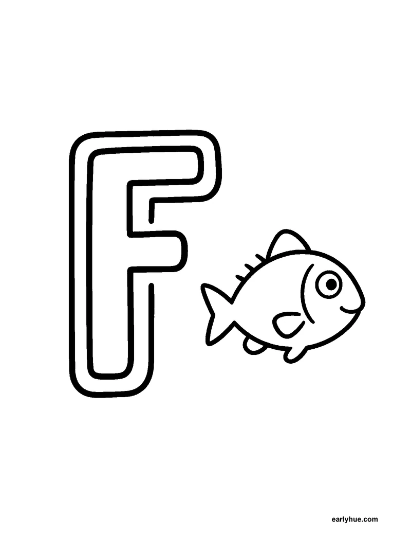 Black-and-white printable letter f coloring page featuring original child-friendly coloring page showing one large correctly formed hollow uppercase letter f.