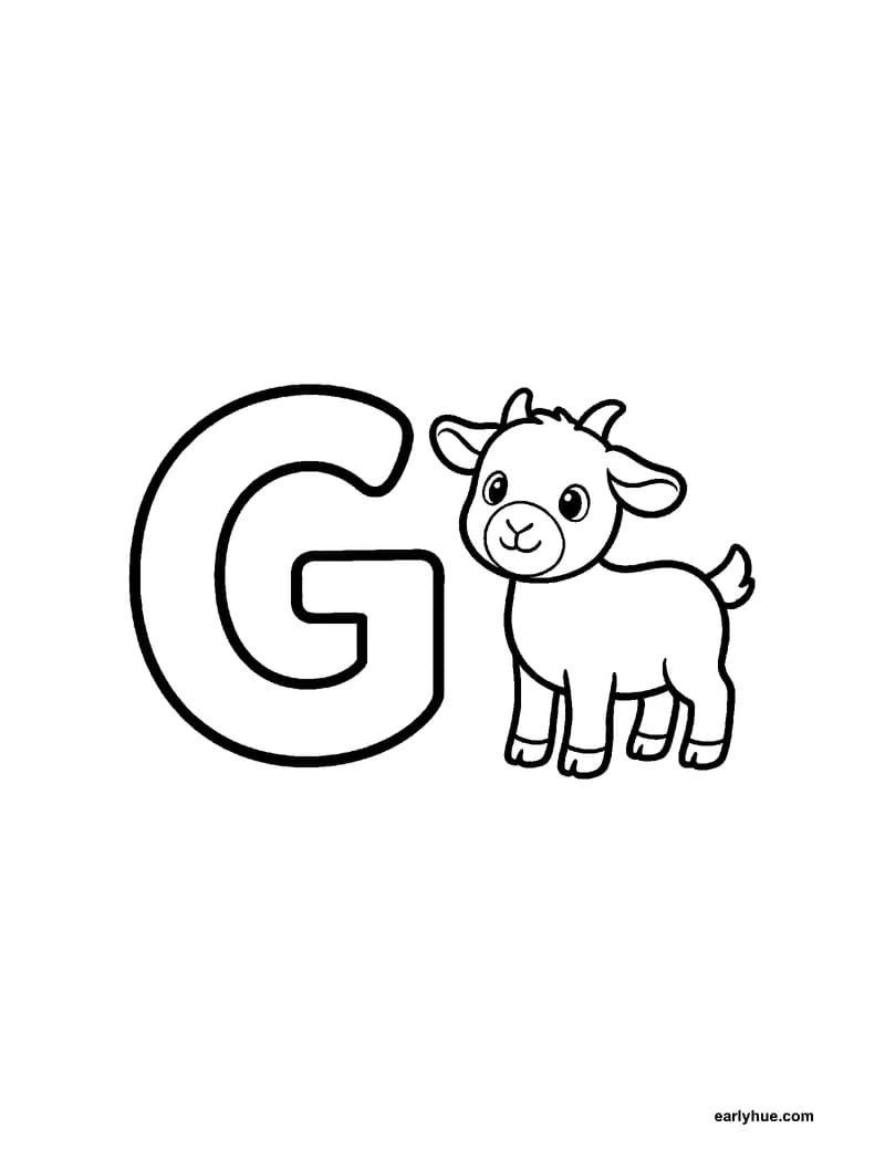 Black-and-white printable letter g coloring page featuring original child-friendly coloring page showing one large correctly formed hollow uppercase letter g.