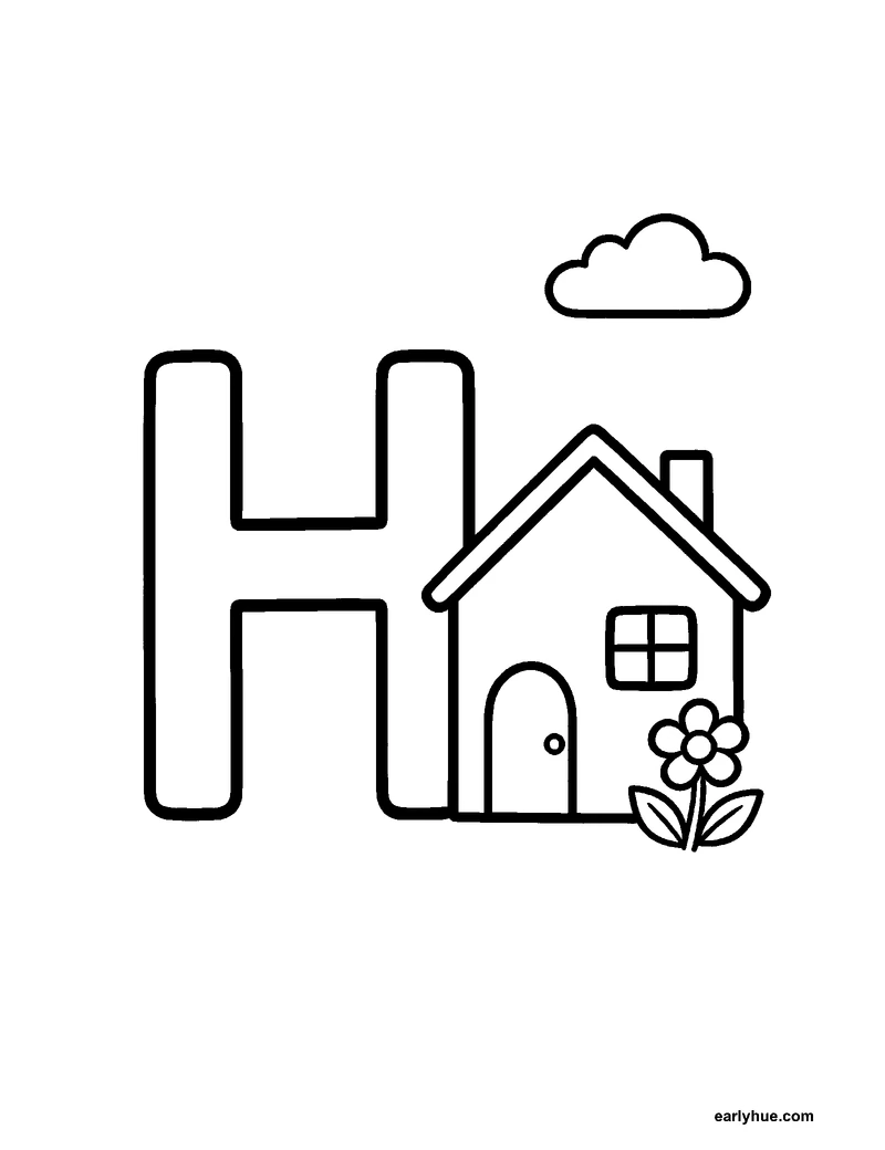 Black-and-white printable letter h coloring page featuring original child-friendly coloring page showing one large correctly formed hollow uppercase letter h.