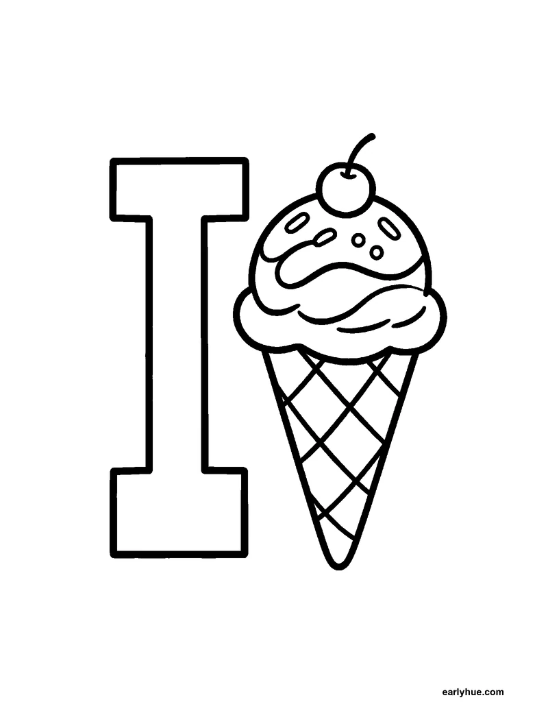 Black-and-white printable letter i coloring page featuring original child-friendly coloring page showing one large correctly formed hollow uppercase letter i.