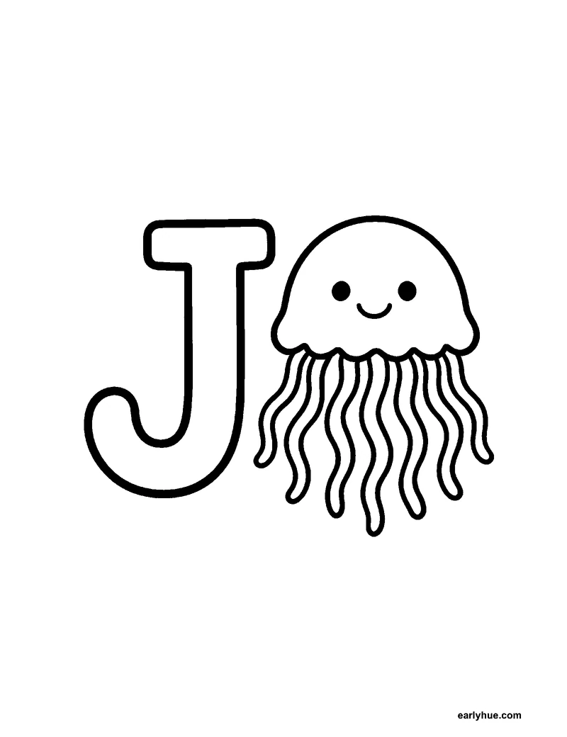 Black-and-white printable letter j coloring page featuring original child-friendly coloring page showing one large correctly formed hollow uppercase letter j.