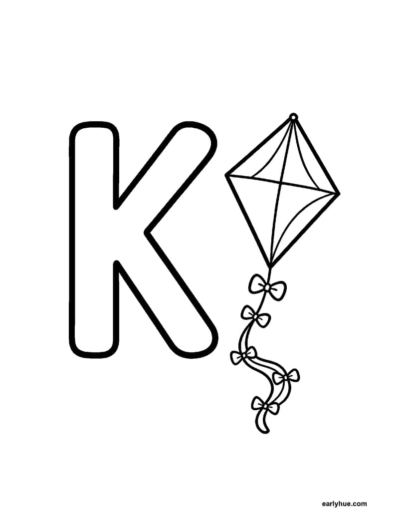 Black-and-white printable letter k coloring page featuring original child-friendly coloring page showing one large correctly formed hollow uppercase letter k.
