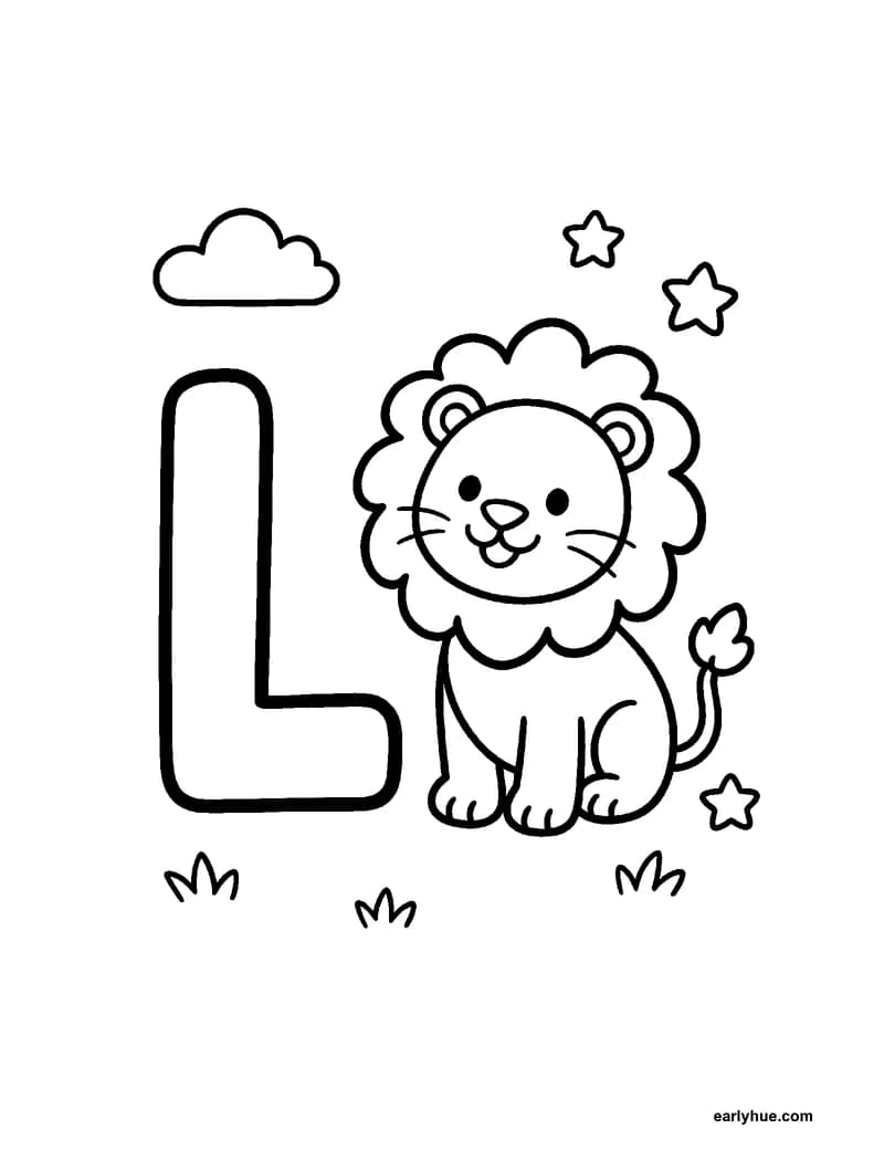 Black-and-white printable letter l coloring page featuring original child-friendly coloring page showing one large correctly formed hollow uppercase letter l.