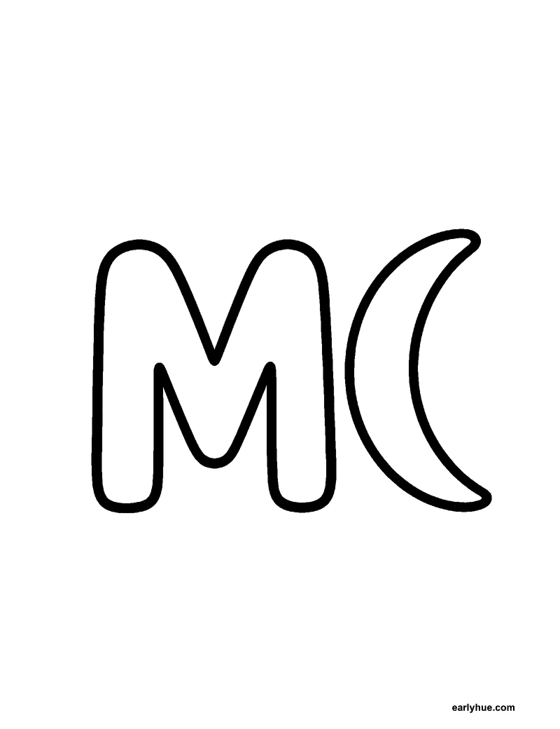 Black-and-white printable letter m coloring page featuring original child-friendly coloring page showing one large correctly formed hollow uppercase letter m.