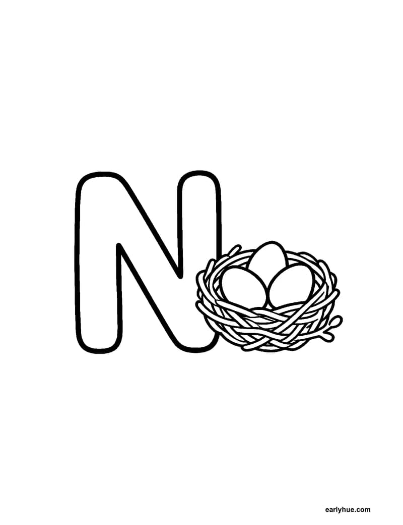 Black-and-white printable letter n coloring page featuring original child-friendly coloring page showing one large correctly formed hollow uppercase letter n.
