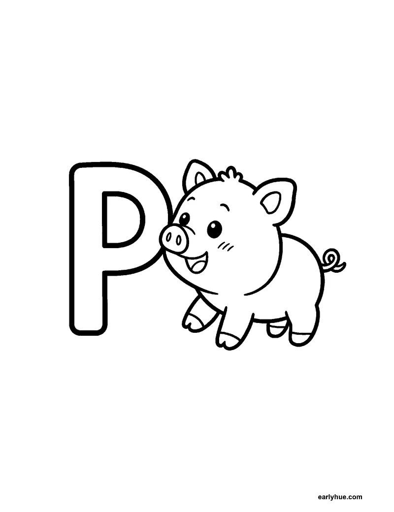 Black-and-white printable letter p coloring page featuring original child-friendly coloring page showing one large correctly formed hollow uppercase letter p.