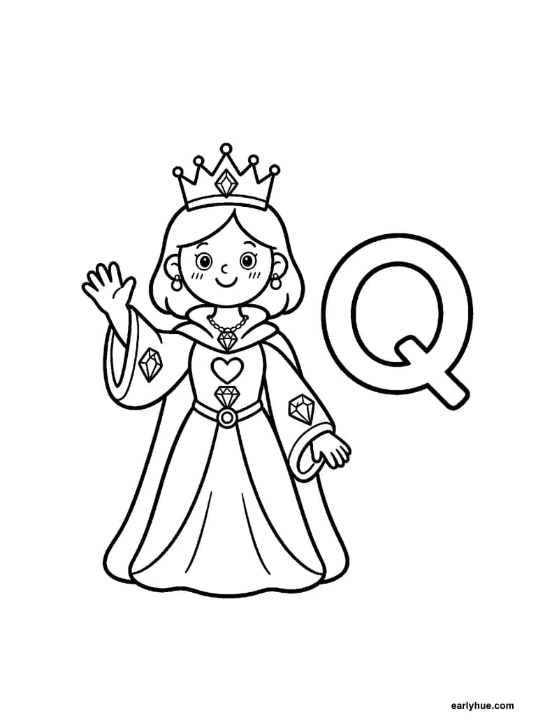Black-and-white printable letter q coloring page featuring original child-friendly coloring page showing one large correctly formed hollow uppercase letter q.