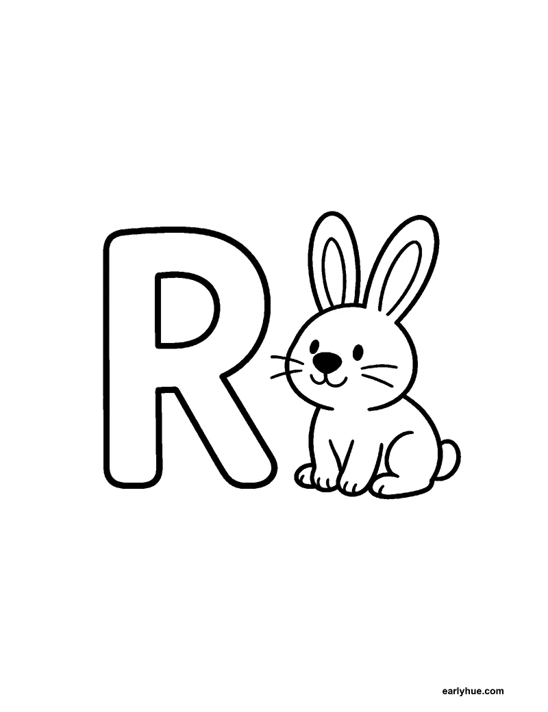 Black-and-white printable letter r coloring page featuring original child-friendly coloring page showing one large correctly formed hollow uppercase letter r.