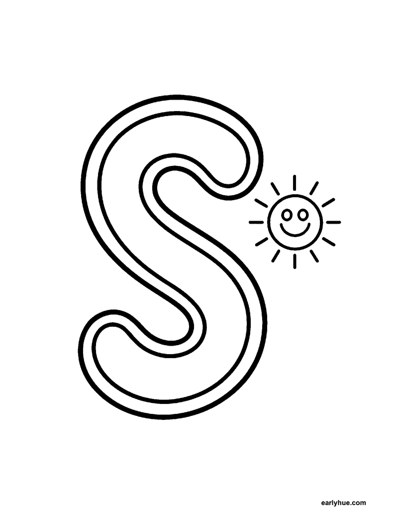 Black-and-white printable letter s coloring page featuring original child-friendly coloring page showing one large correctly formed hollow uppercase letter s.