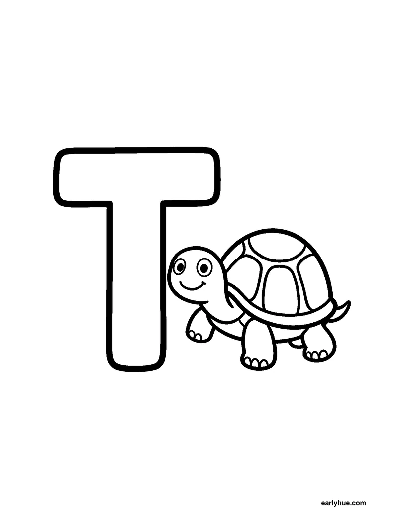 Black-and-white printable letter t coloring page featuring original child-friendly coloring page showing one large correctly formed hollow uppercase letter t.