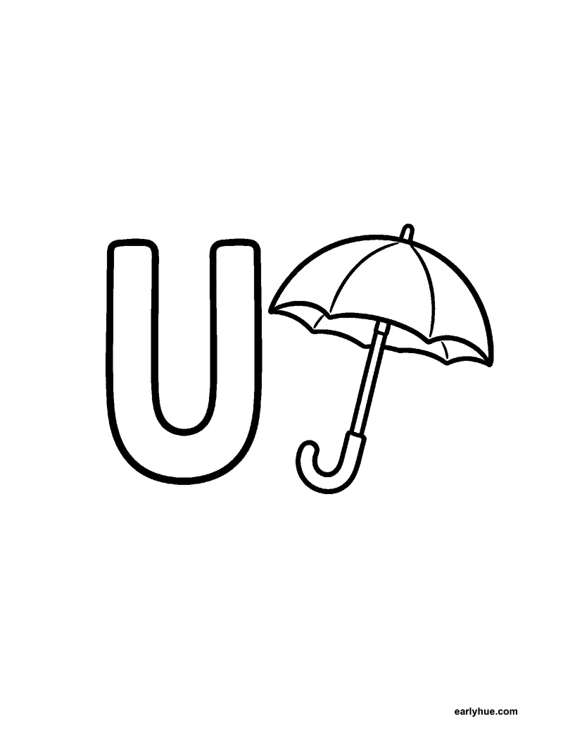 Black-and-white printable letter u coloring page featuring original child-friendly coloring page showing one large correctly formed hollow uppercase letter u.