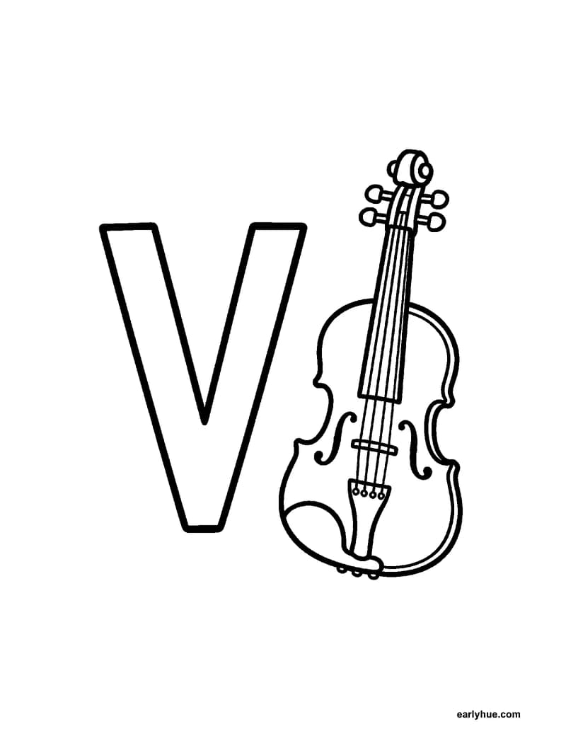 Black-and-white printable letter v coloring page featuring original child-friendly coloring page showing one large correctly formed hollow uppercase letter v.
