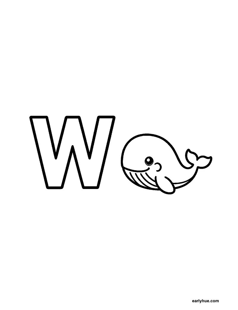 Black-and-white printable letter w coloring page featuring original child-friendly coloring page showing one large correctly formed hollow uppercase letter w.