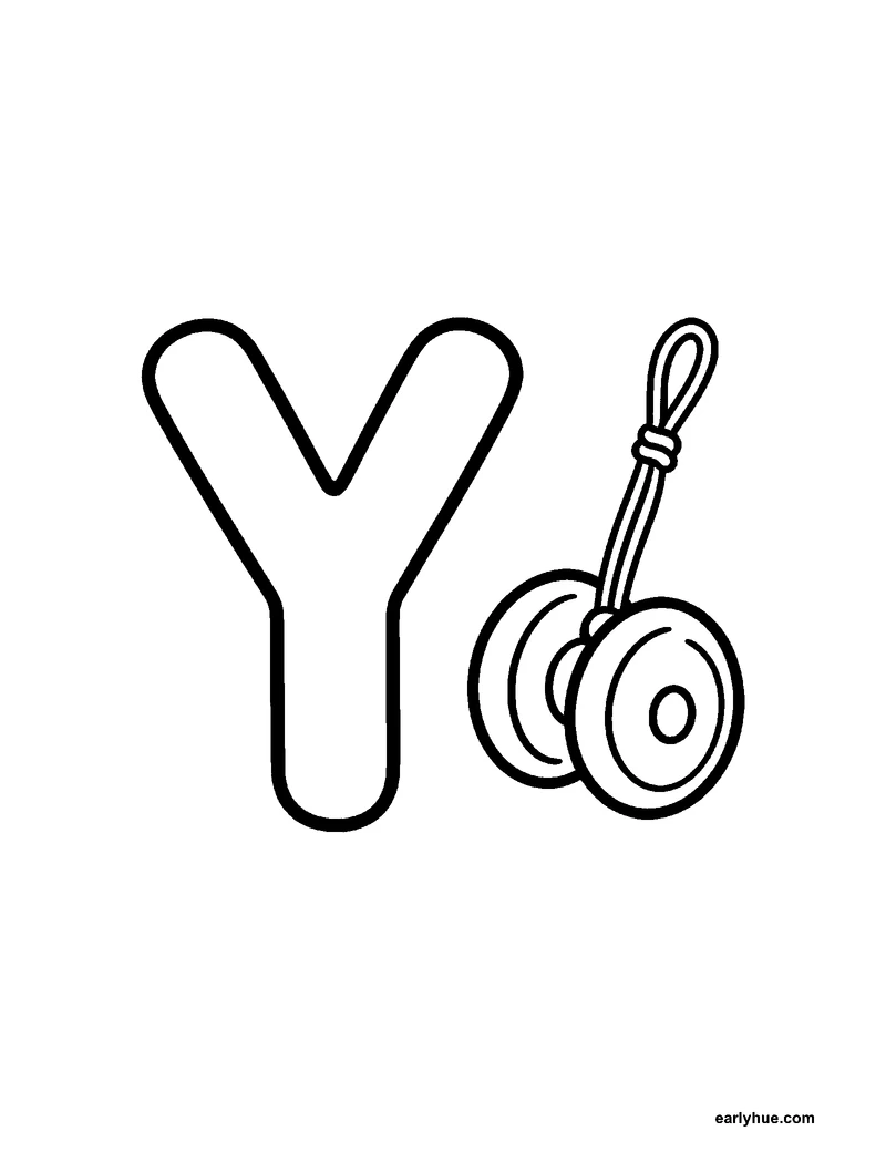 Black-and-white printable letter y coloring page featuring original child-friendly coloring page showing one large correctly formed hollow uppercase letter y.