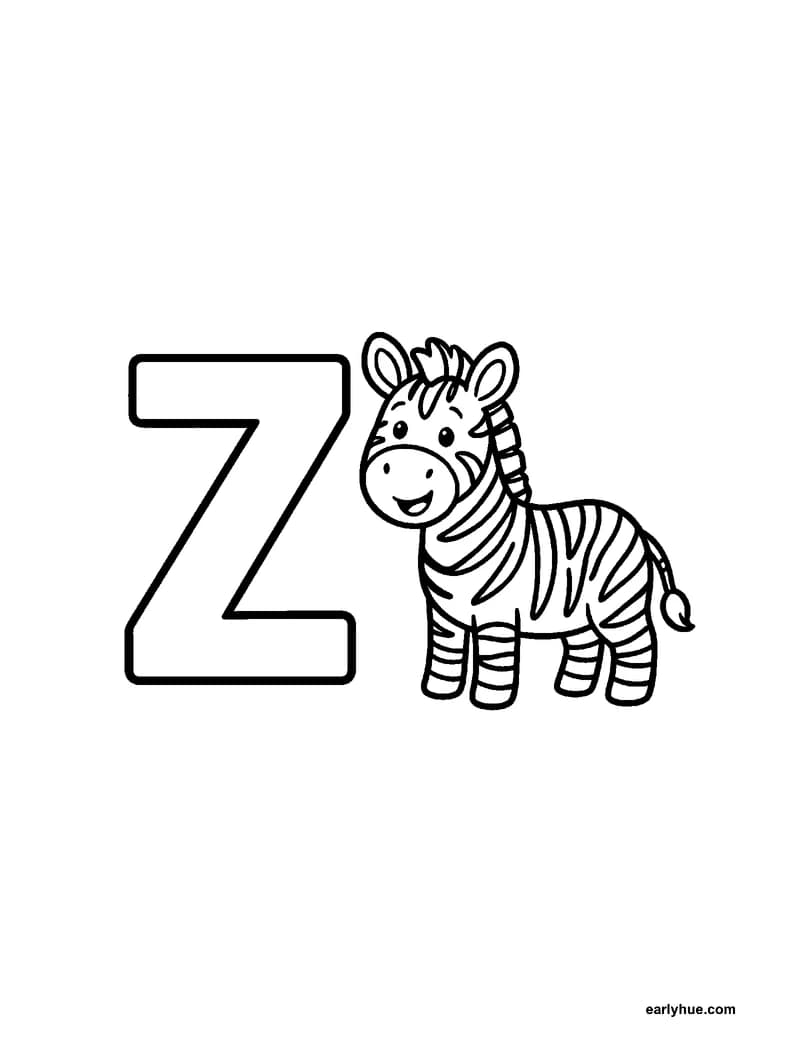 Black-and-white printable letter z coloring page featuring original child-friendly coloring page showing one large correctly formed hollow uppercase letter z.