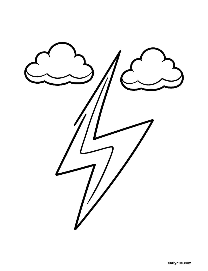 Black-and-white printable lightning bolt coloring page featuring original child-friendly coloring page showing one large zigzag lightning bolt beneath two.