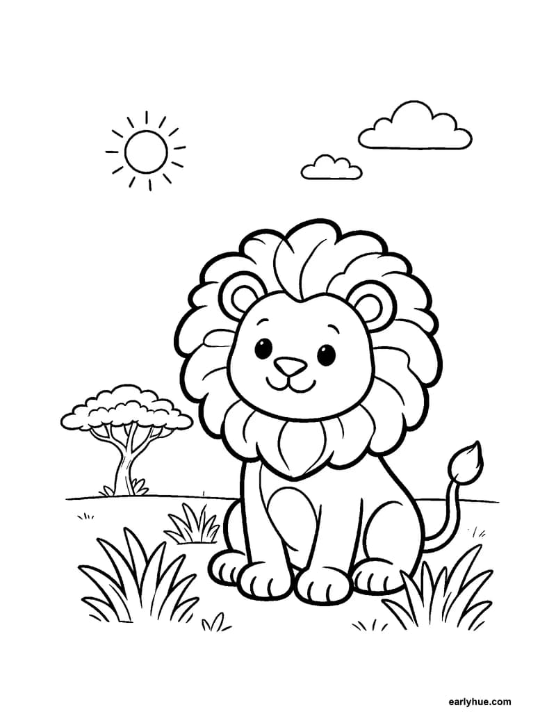 Friendly lion animal coloring page with a large round mane for preschoolers