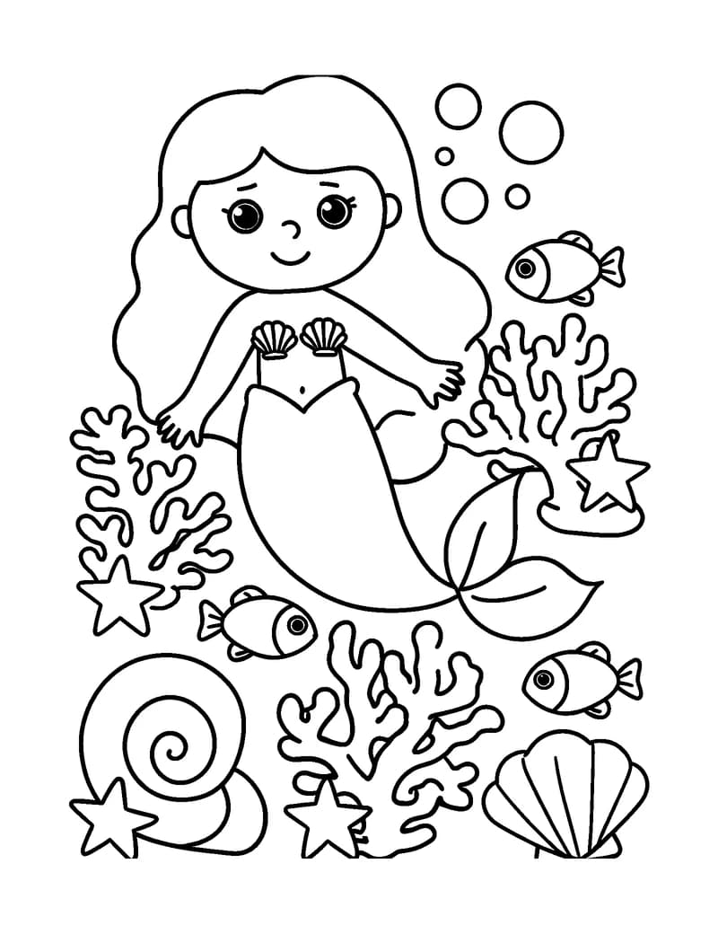 Black-and-white printable little mermaid coral garden coloring page featuring original public-domain little mermaid scene: a young mermaid with a simple plain.