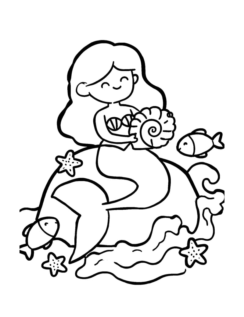 Black-and-white printable little mermaid seashell coloring page featuring original public-domain little mermaid scene: a young mermaid with a simple plain.