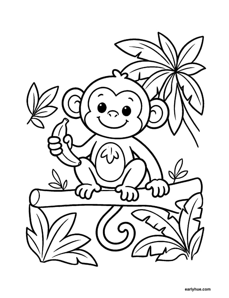Black-and-white printable monkey coloring page featuring original child-friendly coloring page showing one friendly monkey holding a banana on a low branch.