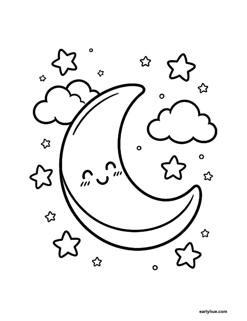 Black-and-white printable moon and cloud coloring page featuring original child-friendly coloring page showing one large crescent moon beside two rounded.