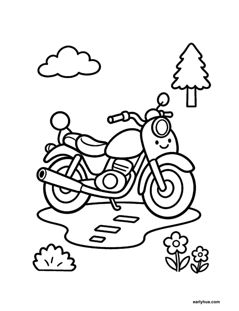 Black-and-white printable motorcycle coloring page featuring original child-friendly coloring page showing one friendly non-branded motorcycle on a short road.