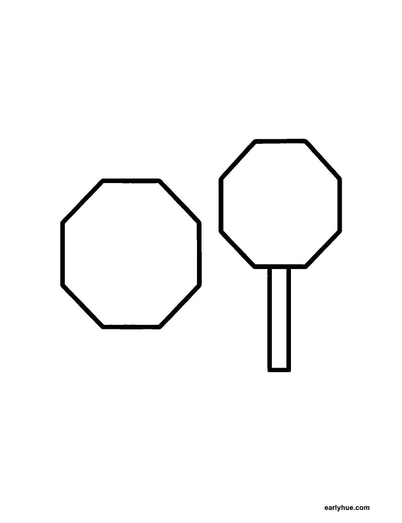 Black-and-white printable octagon coloring page featuring original child-friendly coloring page showing one large regular octagon beside a blank eight-sided.