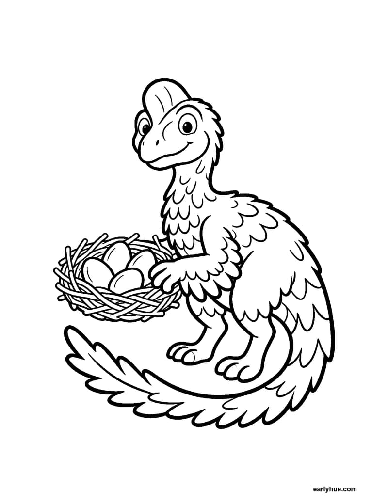 Black-and-white printable oviraptor coloring page featuring original child-friendly coloring page showing one feathered oviraptor standing protectively beside.