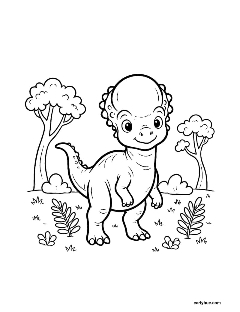 Black-and-white printable pachycephalosaurus coloring page featuring original child-friendly coloring page showing one friendly pachycephalosaurus in an open.