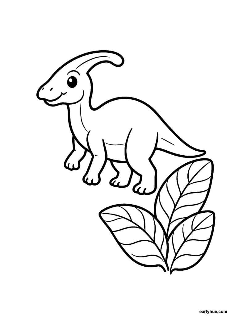 Black-and-white printable parasaurolophus coloring page featuring original child-friendly coloring page showing one friendly parasaurolophus walking beside.