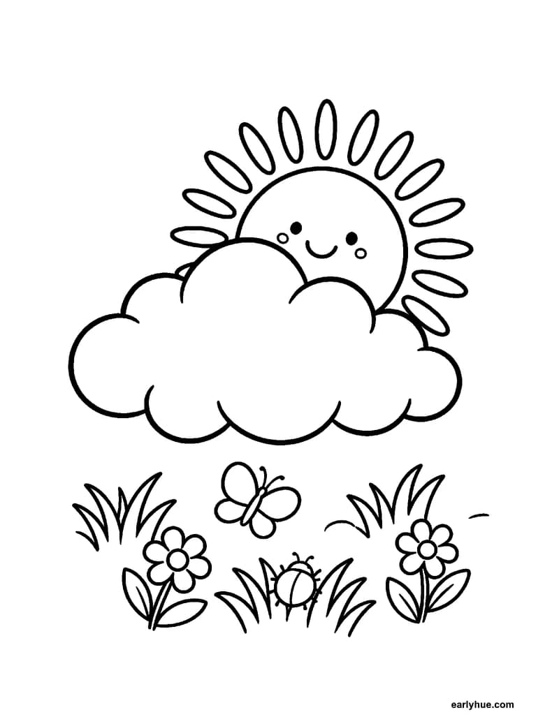 Black-and-white printable partly cloudy sky coloring page featuring original child-friendly coloring page showing one large sun peeking from behind one broad.