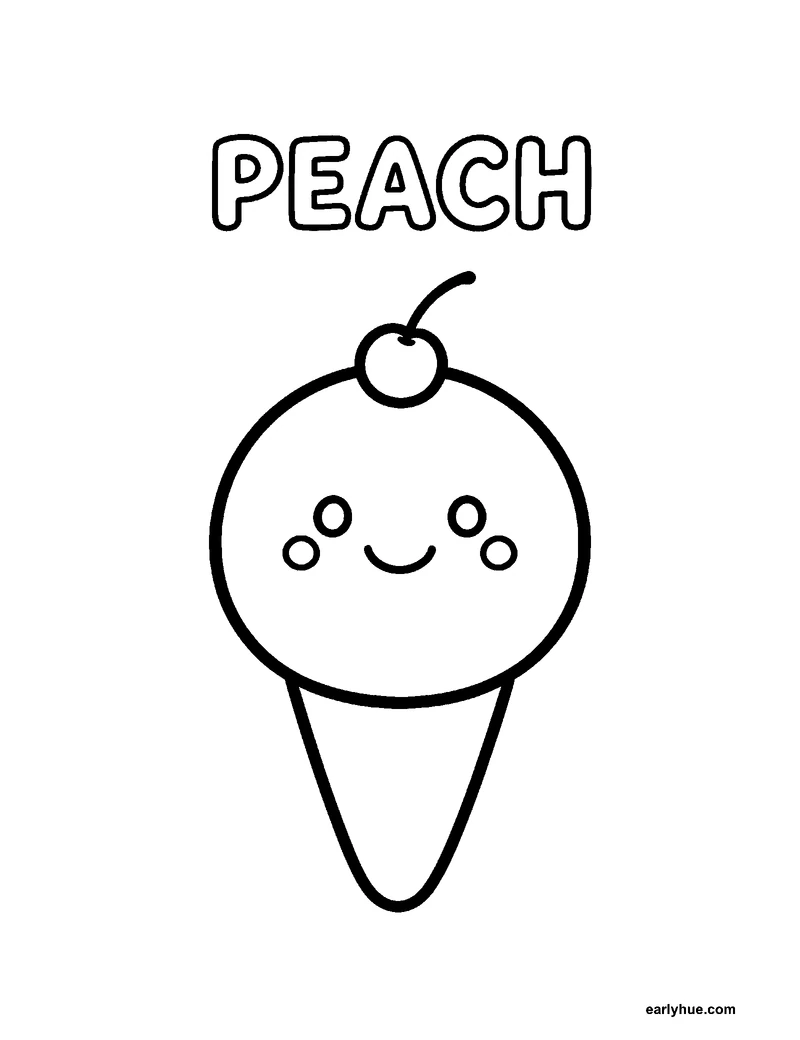 Black-and-white printable peach coloring page featuring original child-friendly coloring page showing one large hollow uppercase word peach beside one ice.