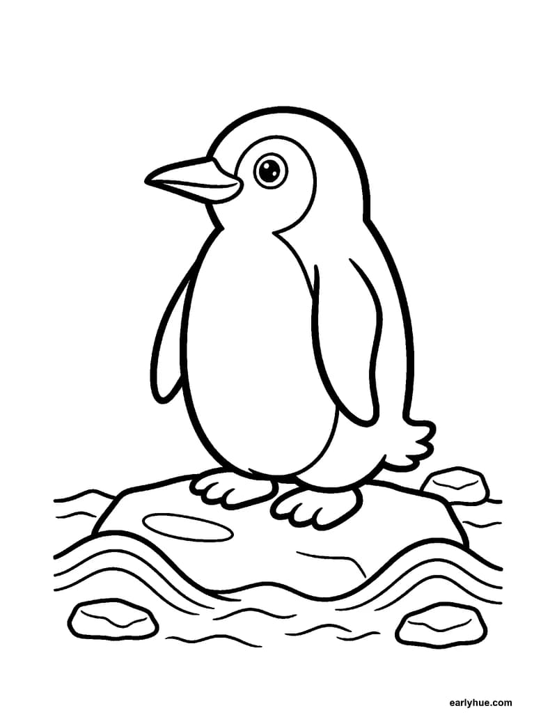 A black-and-white coloring page of a penguin that stands on the edge of the ice with two flippers and webbed feet.