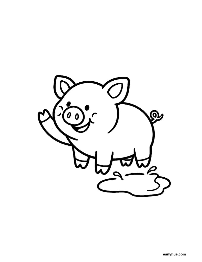 Black-and-white printable pig coloring page featuring original child-friendly coloring page showing one cheerful pig beside a shallow mud puddle with a round.