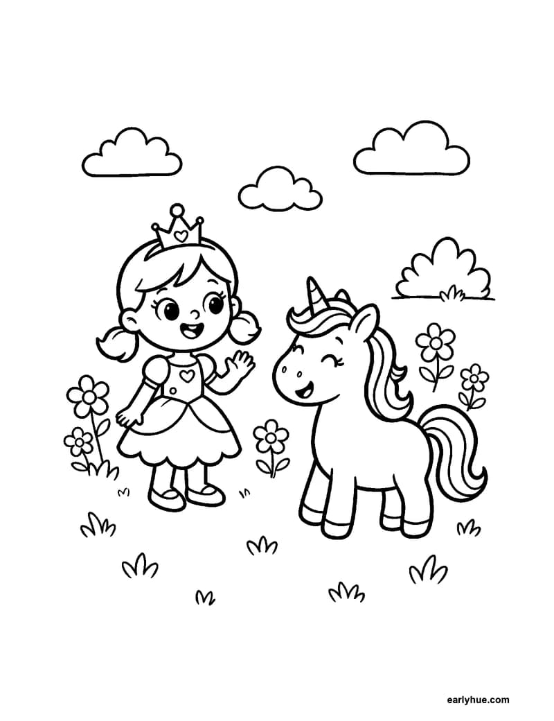 Black-and-white printable princess and unicorn coloring page featuring original child-friendly coloring page showing one original princess greeting a friendly.