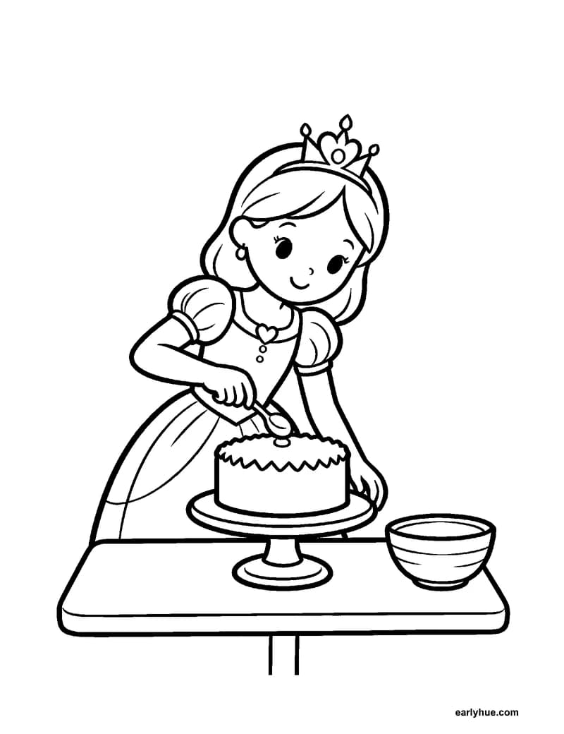 Black-and-white printable princess baking coloring page featuring original child-friendly coloring page showing one original princess decorating a simple.