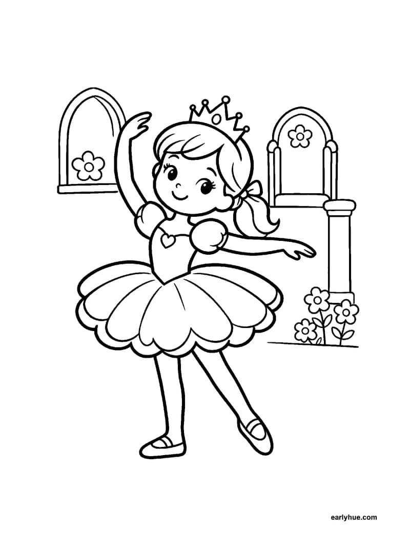 Black-and-white printable princess ballet coloring page featuring original child-friendly coloring page showing one original princess practicing a simple.