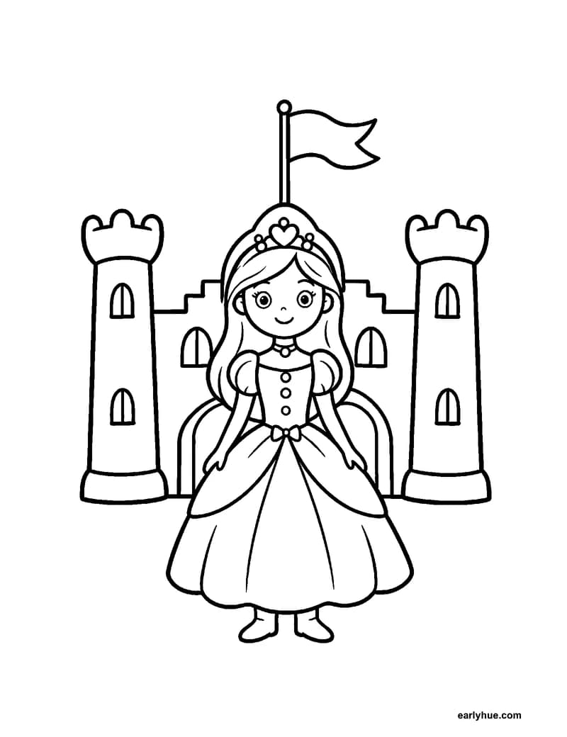 Black-and-white printable princess by the castle coloring page featuring original child-friendly coloring page showing one original princess standing before a.