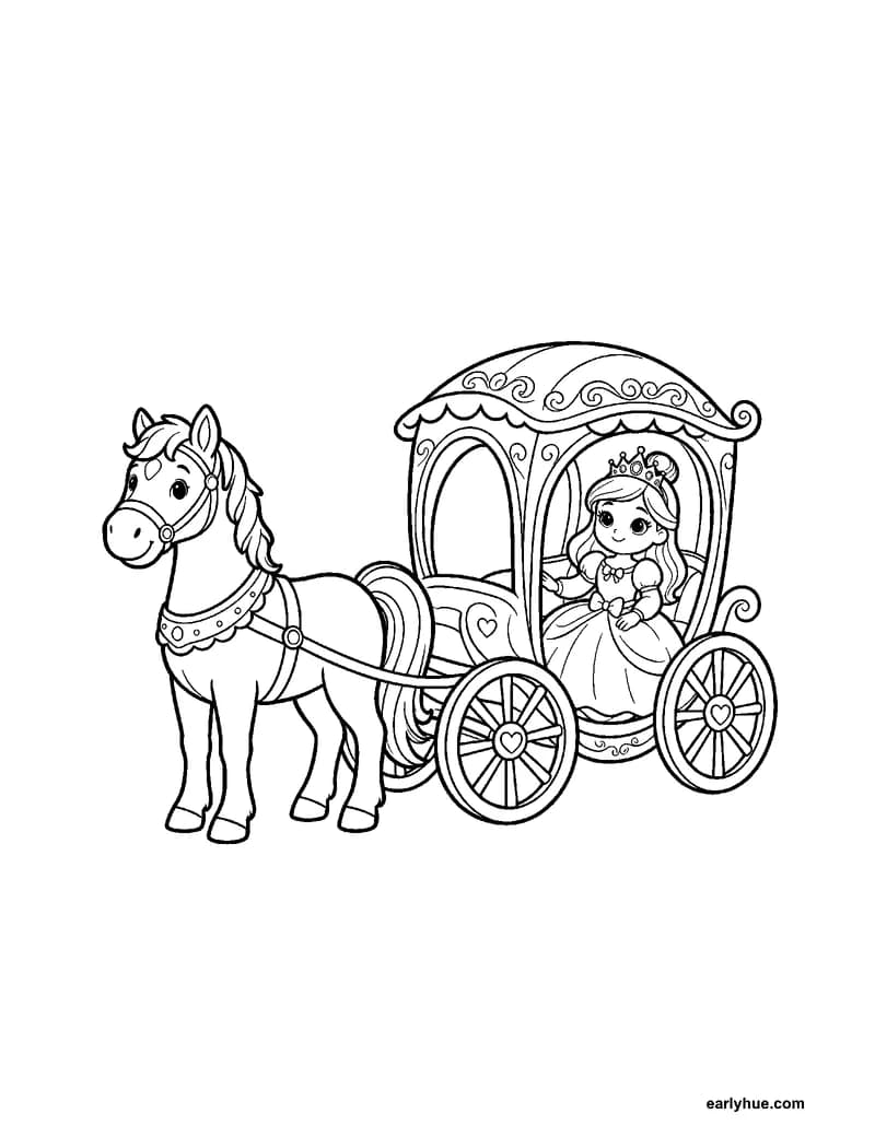 Black-and-white printable princess carriage coloring page featuring original child-friendly coloring page showing one original princess sitting in an open.