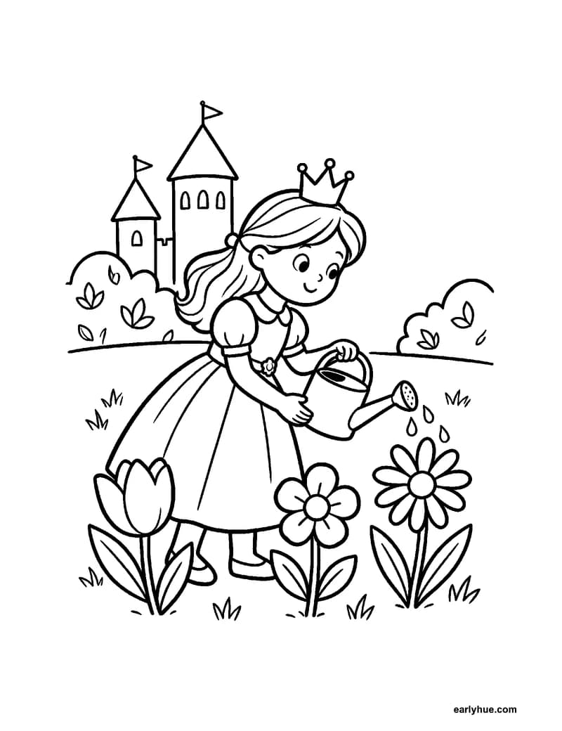 Black-and-white printable princess castle garden coloring page featuring original child-friendly coloring page showing one original princess watering three.