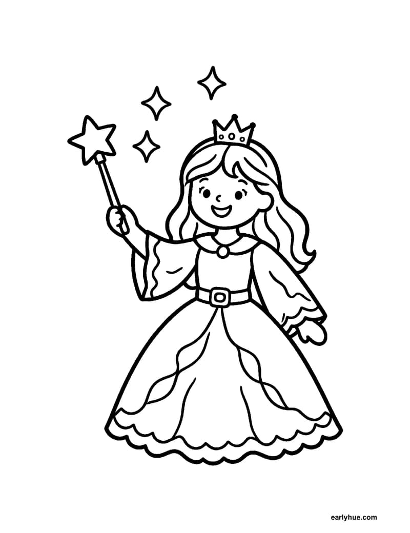 Black-and-white printable princess magic wand coloring page featuring original child-friendly coloring page showing one original princess holding a simple.