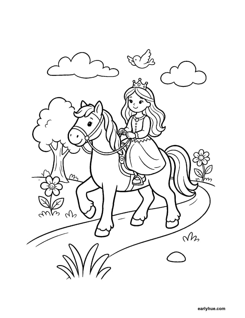 Black-and-white printable princess on horse coloring page featuring original child-friendly coloring page showing one original princess riding calmly on a.