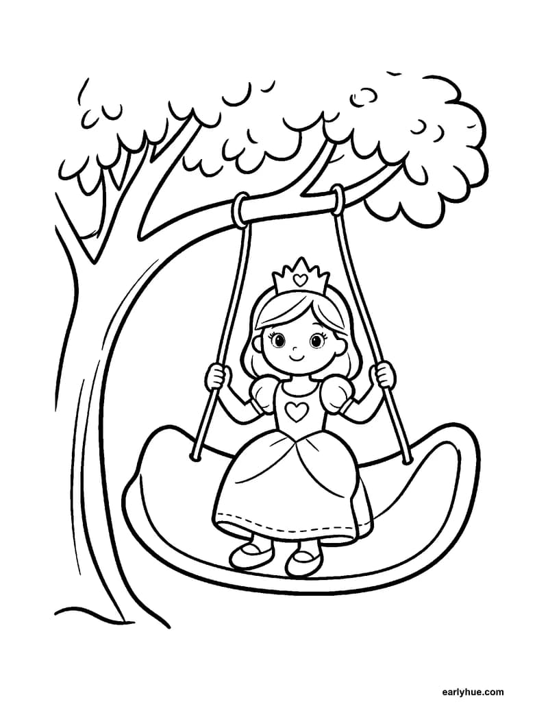 Black-and-white printable princess on a garden swing coloring page featuring original child-friendly coloring page showing one original princess sitting.