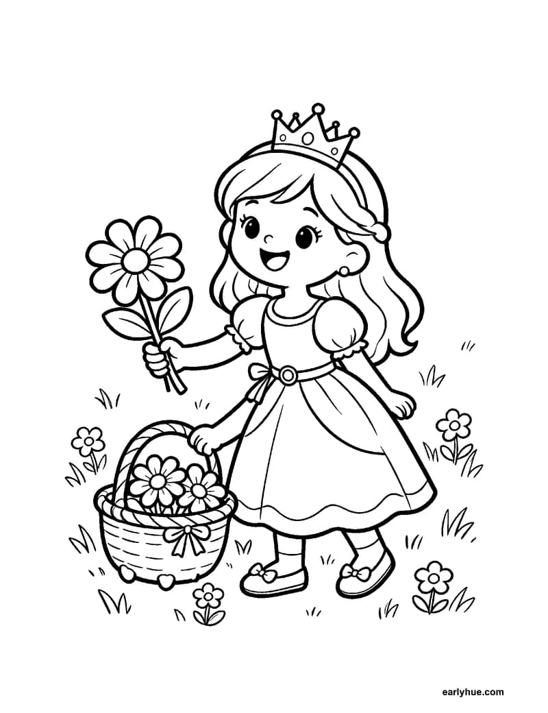 Black-and-white printable princess picking flowers coloring page featuring original child-friendly coloring page showing one original princess gathering three.