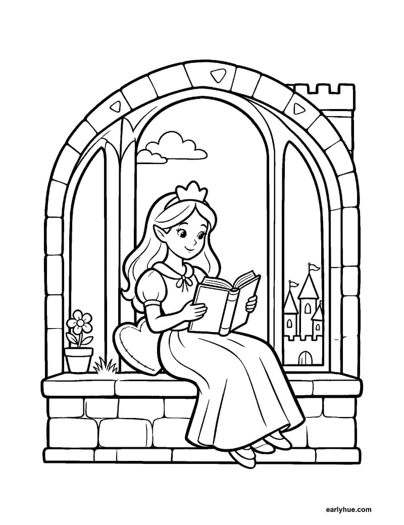 Black-and-white printable princess reading a book coloring page featuring original child-friendly coloring page showing one original princess reading an open.