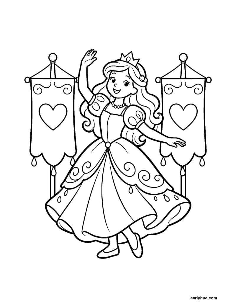 Black-and-white printable princess royal ball coloring page featuring original child-friendly coloring page showing one original princess making a welcoming.