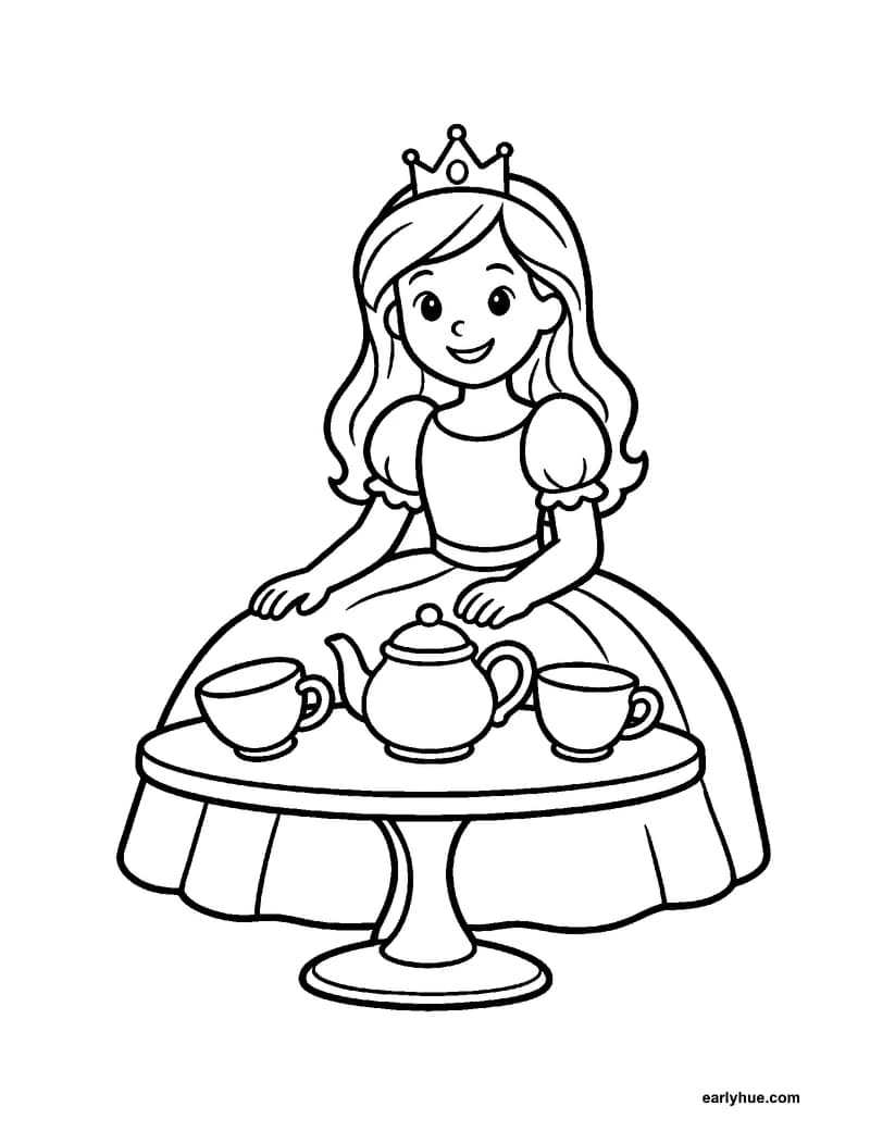Black-and-white printable princess tea party coloring page featuring original child-friendly coloring page showing one original princess seated at a small.