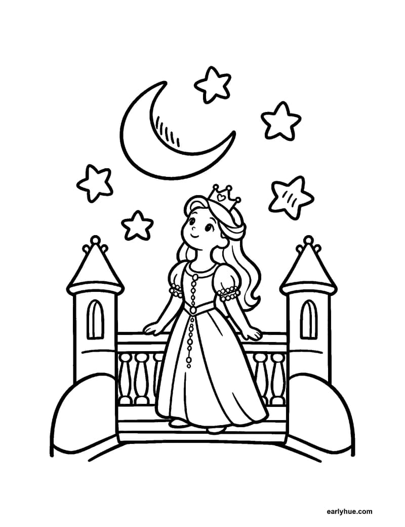 Black-and-white printable princess under the stars coloring page featuring original child-friendly coloring page showing one original princess watching a.
