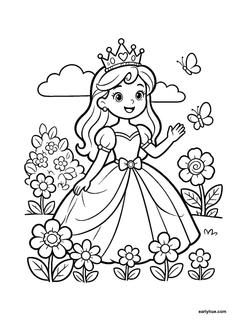 Black-and-white printable princess with crown coloring page featuring original child-friendly coloring page showing one original friendly princess standing in.