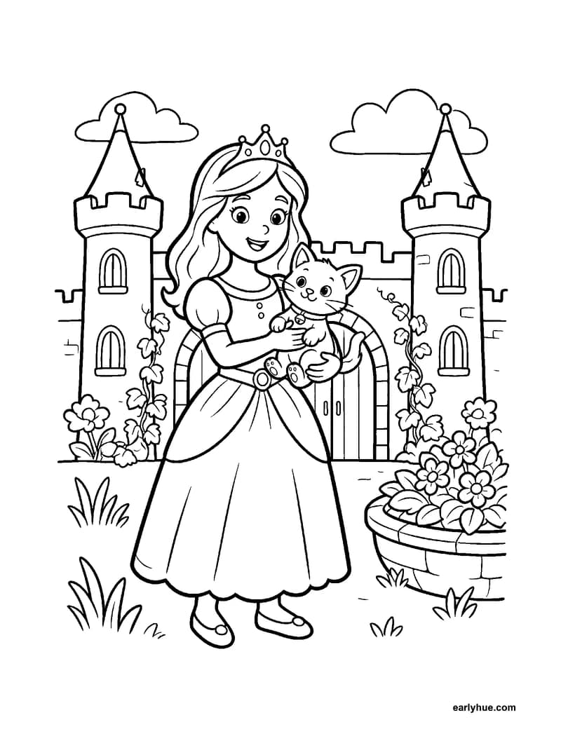 Black-and-white printable princess with kitten coloring page featuring original child-friendly coloring page showing one original princess holding a small.